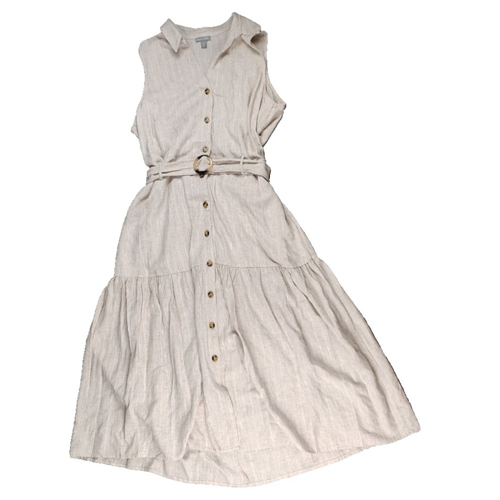 Falls Creek Women's XL Linen Rayon Button-Front Midi Dress Beige Sleeveless NEW